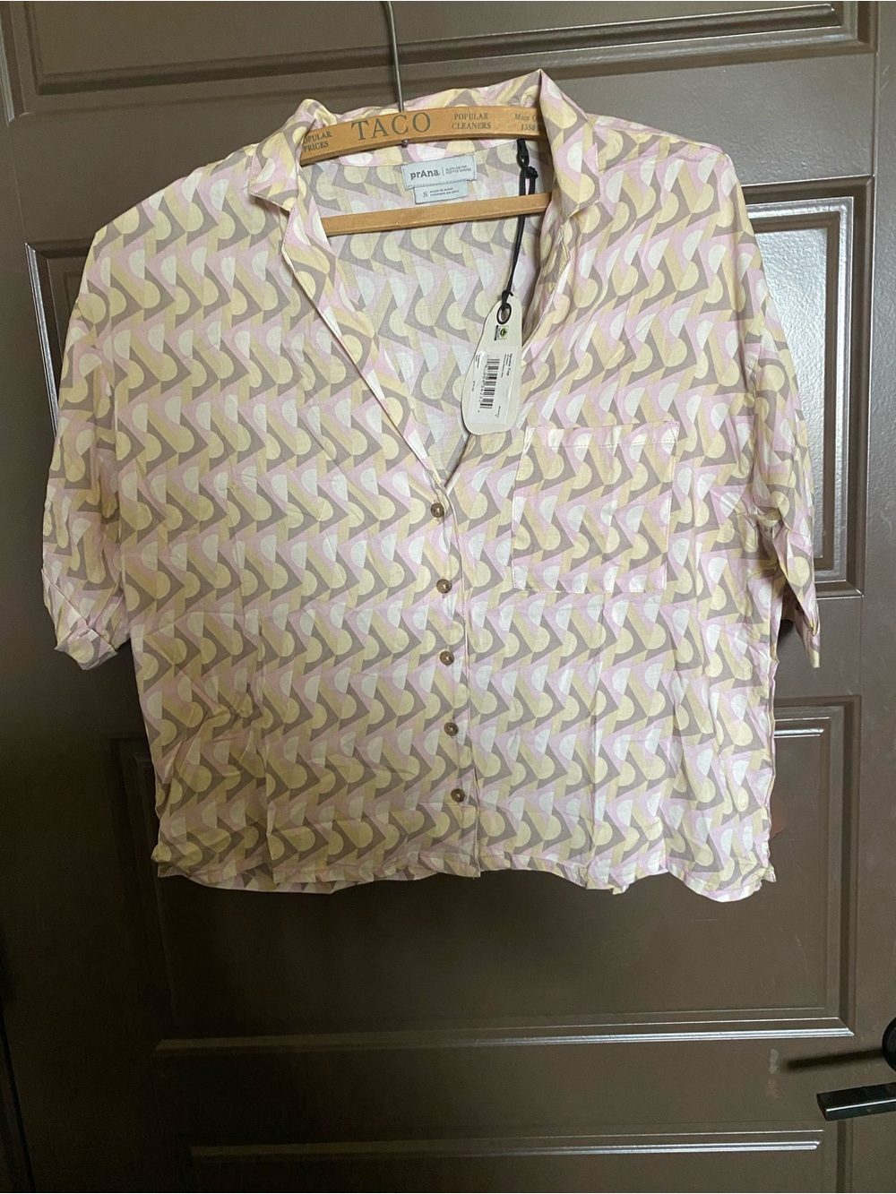 Prana Cream and Pink Short-Sleeve Button-Down Top with Geometric Print